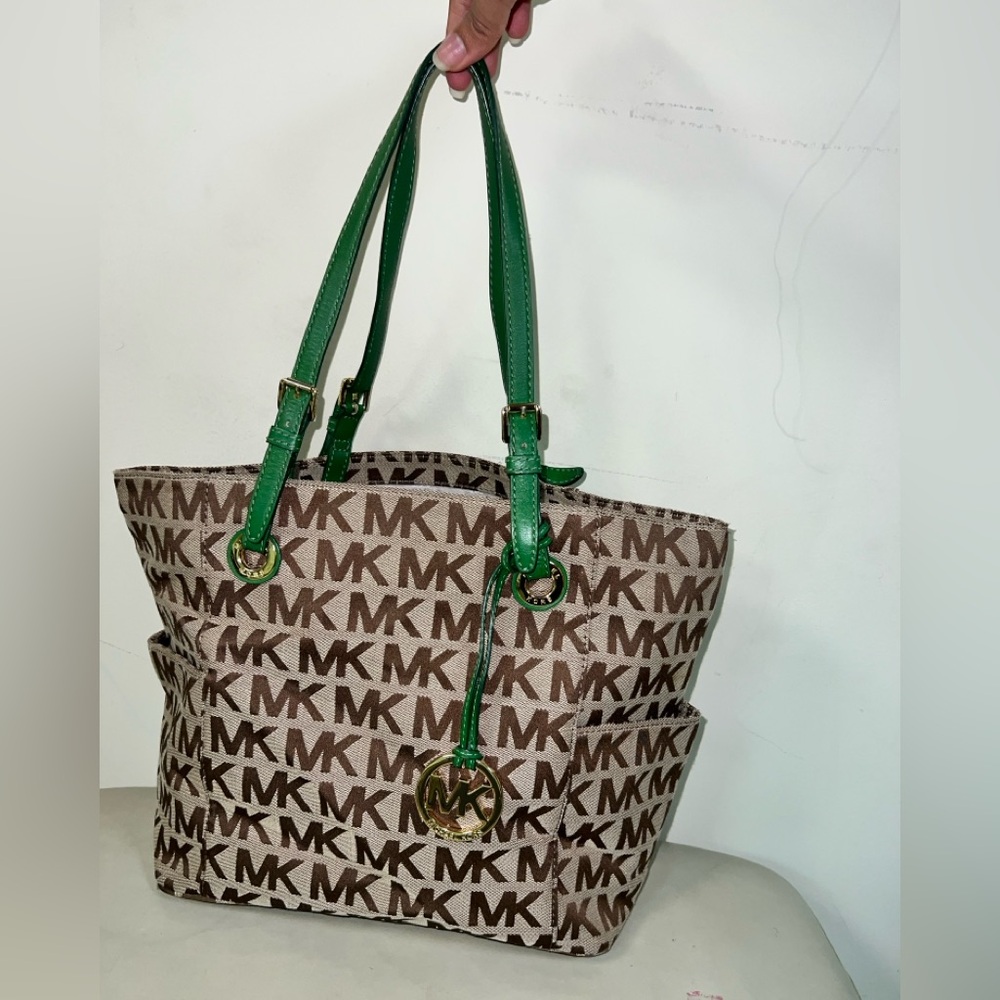 Michael Kors Jet Set Tote – Brown MK Logo with Green Leather Trim